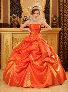 Popular Orange Red Quinceanera Dress Strapless Taffeta Handle Flowers Ball Gown