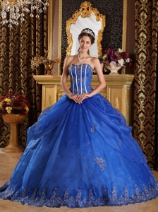 Popular Royal Blue Quinceanera Dress Sweetheart  Appliques Organza Ball Gown