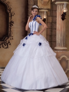 Popular White Quinceanera Dress One Shoulder Satin and Organza Hand Made Flowers Ball Gown