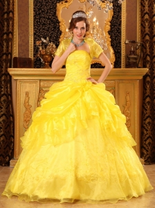 Popular Yellow Quinceanera Dress Strapless Organza Appliques Ball Gown