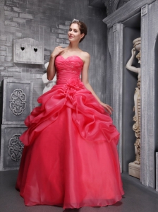 Pretty Coral Red Quinceanera Dress Sweetheart Organza Beading and Ruch Ball Gown