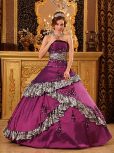 Pretty Fuchsia Quinceanera Dress Strapless Taffeta Embroidery Ball Gown