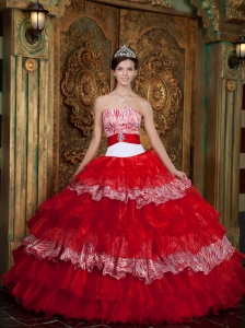 Pretty Red Quinceanera Dress Strapless Organza and Zebra Ruffles Ball Gown