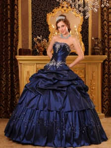 Remarkable Navy Blue Quinceanera Dress Strapless Appliques Taffeta Ball Gown