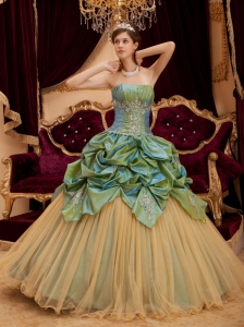 Remarkable Olive Green  Quinceanera Dress Strapless Taffeta and Tulle Beading Ball Gown