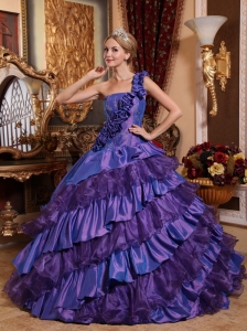 Remarkable Purple Quinceanera Dress One Shoulder Taffeta and Organza Hand Made Flowers Ball Gown