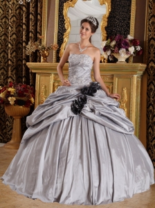 Romantic Gray Quinceanera Dress Strapless Taffeta Appliques Ball Gown