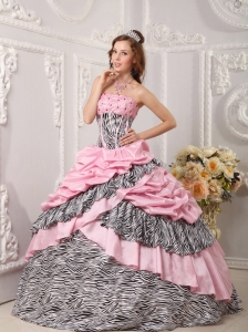 Romantic Pink Zebra Ball Gown Strapless Taffeta and Beading Quinceanera Dress