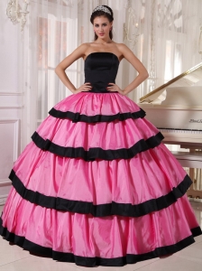 Sexy Rose Pink and Black Quinceanera Dress Strapless Taffeta Ball Gown