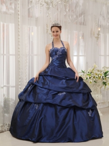 Simpel Navy Blue Quinceanera Dress Halter Taffeta Appliques Ball Gown