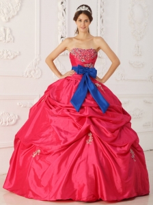Simple Coral Red Quinceanera Dress Strapless Taffeta Beading and Sash Ball Gown