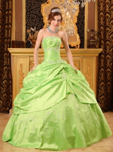 Unique Spring Green Quinceanera Dress Strapless Taffeta Beading Ball Gown
