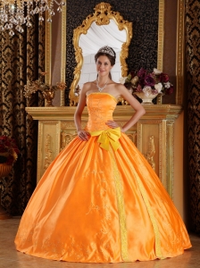 Beautiful Orange Quinceanera Dress Strapless Satin Embroidery Ball Gown