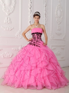 Sweet Hot Pink Quinceanera Dress Strapless Appliques and Ruffles Ball Gown