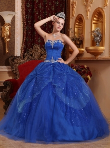Affordable Blue Quinceanera Dress Sweetheart Tulle Beading and Appliques Ball Gown