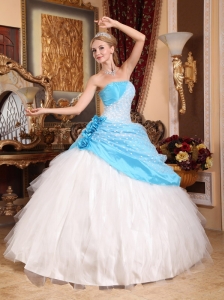 Beautiful Aqua Blue and White Quinceanera Dress Strapless Taffeta and Tulle Hand Made Flowers Ball Gown