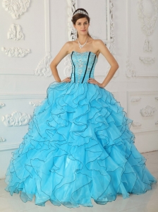 Beautiful Baby Blue Strapless Organza Appliques Ball Gown Quinceanera Dress