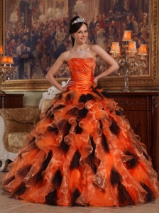 Beautiful Orange and Black Quinceanera Dress Strapless Organza Ball Gown