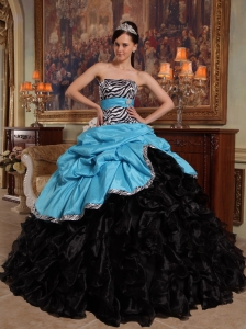 New Aqua Blue and Black Quinceanera Dress Sweetheart Pick-ups Ball Gown Taffeta and Organza