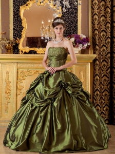 Brand New Olive Green Quinceanera Dress StraplessTaffeta Appliques Ball Gown