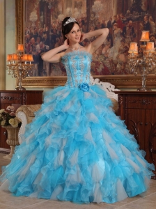 Cheap Aqua Quinceanera Dress Gown Strapless Appliques Organza Blue Ball