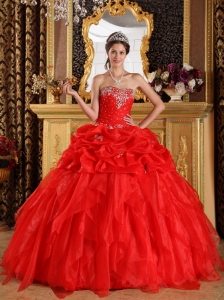 Cheap Red Quinceanera Dress Sweetheart Organza Appliques with Beading  Ball Gown
