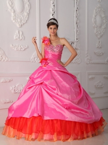 Cheap Rose Pink Quinceanera Dress One Shoulder Organza and Taffeta Beading and Hand Flower Ball Gown