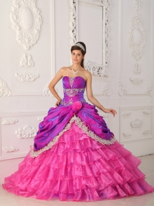 Classical Hot Pink Quinceanera Dress Strapless Organza and Taffeta Lace and Appliques Ball Gown