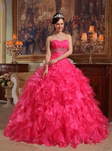 Cute Hot Pink Quinceanera Dress Sweetheart Organza Beading Ball Gown