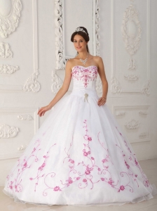 Cute White Quinceanera Dress Strapless Satin and Organza Embroidery Ball Gown
