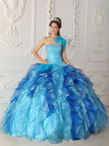 Discount Aqua Blue Quinceanera Dress One Shoulder Satin and Organza Beading Ball Gown
