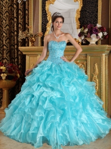 Discount Aqua Blue Quinceanera Dress Sweetheart  Ruffles Organza Ball Gown