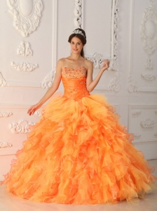 Elegant Orange Red Quinceanera Dress Sweetheart Organza Beading and Ruch Ball Gown