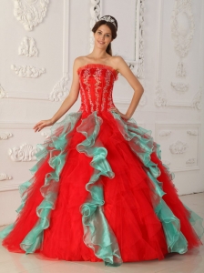 Elegant Red and Green Quinceanera Dress Strapless Appliques and Beading Ball Gown