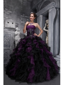 Exclusive Dark Purple and Black Quinceanera Dress Strapless Taffeta and Organza Appliques and Ruffles Ball Gown