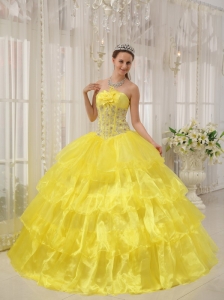 Hot Yellow Quinceanera Dress Strapless Taffeta and Organza Beading Ball Gown