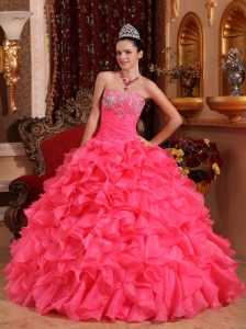 Informal  Hot Pink Quinceanera Dress Strapless Organza Beading and Appliques Ball Gown