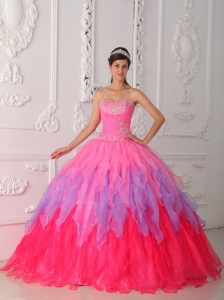 Lovely Hot Pink Quinceanera Dress Sweetheart Organza Beading and Ruch Ball Gown