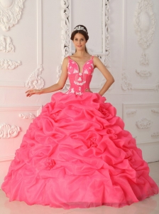 Lovely Watermelon Quinceanera Dress Straps Satin and Organza Appliques Ball Gown