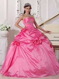 Modest Hot Pink Quinceanera Dress Sweetheart Taffeta Beading and Hand Made Flowers Ball Gown