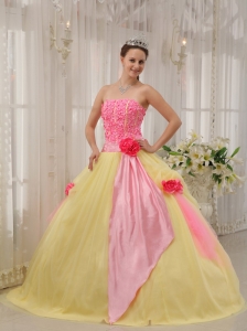 Modest Pink and Yellow Quinceanera Dress Strapless Taffeta and Tulle Hand Made Flowers Ball Gown