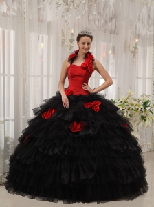 Modest Red and Black Quinceanera Dress Halter Taffeta and Organza Hand Flowers Ball Gown
