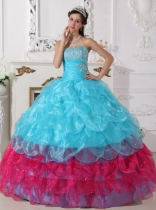 Popular Aqua Blue and Hot Pink Quinceanera Dress Strapless Organza Appliques Ball Gown