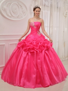 Popular Hot Pink Quinceanera Dress Strapless Organza and Taffeta Ruch and Beading Ball Gown