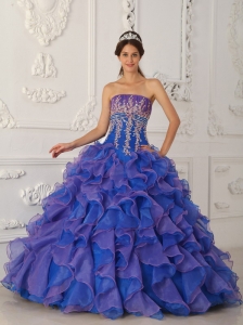 Pretty Royal Blue and Purple Quinceanera Dress Strapless Organza Beading and Appliques Ball Gown