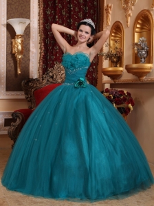 Pretty Teal Quinceanera Dress Sweetheart Tulle Beading Ball Gown