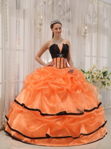 Pretty Orange and Black Quinceanera Dress Strapless Satin and Organza Beading Ball Gown