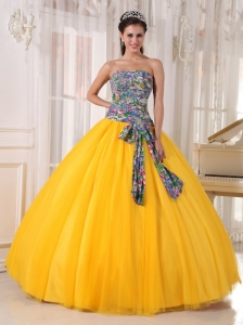Pretty Golden Yellow Quinceanera Dress Strapless Tulle and Printing Sequins Ball Gown