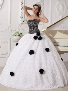 Remarkable White and Black Quinceanera Dress Strapless Special Fabric Sequins and Hand Made Flowers Ball Gown