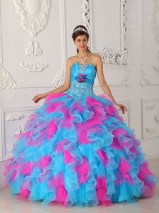 Sweet Multi-color Quinceanera Dress Strapless Organza Appliques and Hand Flower Ball Gown